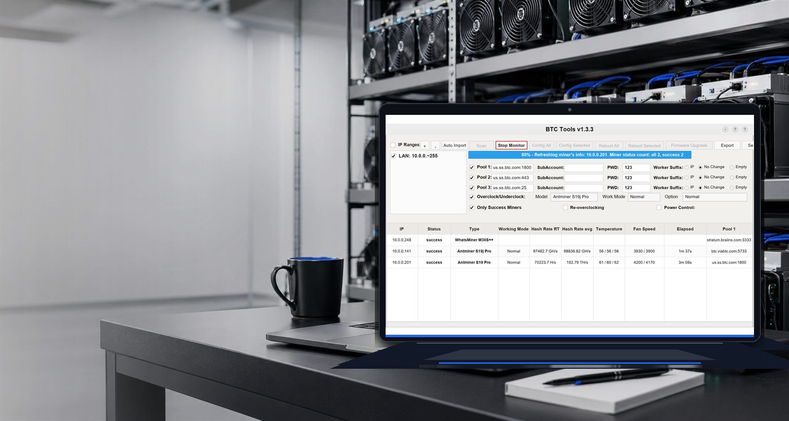 BTC Tools interface at an ASIC miner operations workstation